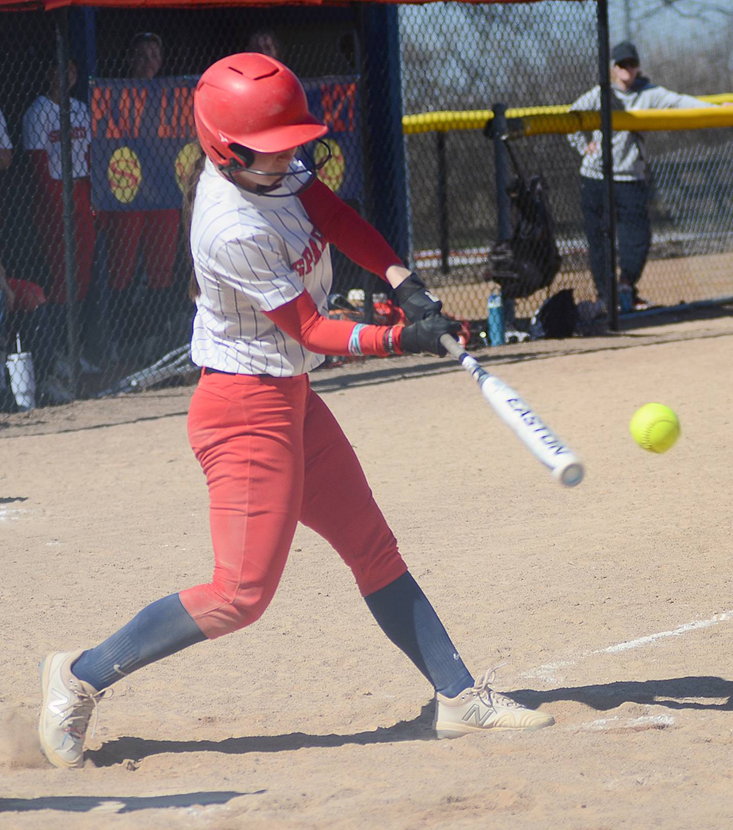 Southwestern third baseman Ashton Willis connects with an RBI single in the sixth inning of Tuesday's 7-2 opening game win. Willis had two doubles and a single for the day.