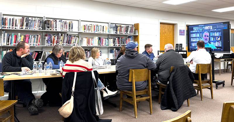 The Nodaway Valley and CAM school boards discuss a way forward with one of the three search firms they interviewed during a Jan. 15 meeting at Nodaway Valley High School. The firm the boards choose will help them find their next superintendent.