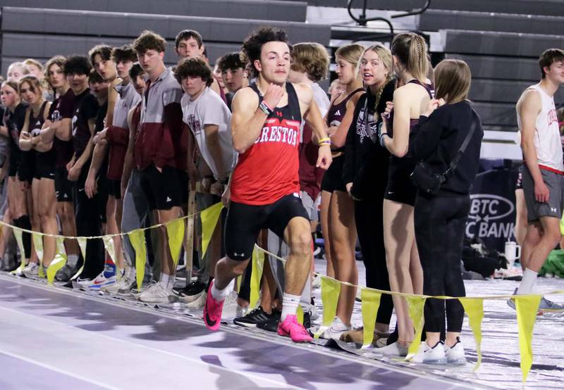 Creston sophomore Seth Gordon runs the 55m dash Friday at the Graceland High School Meet in Lamoni where he won in a time of 6.99 seconds.