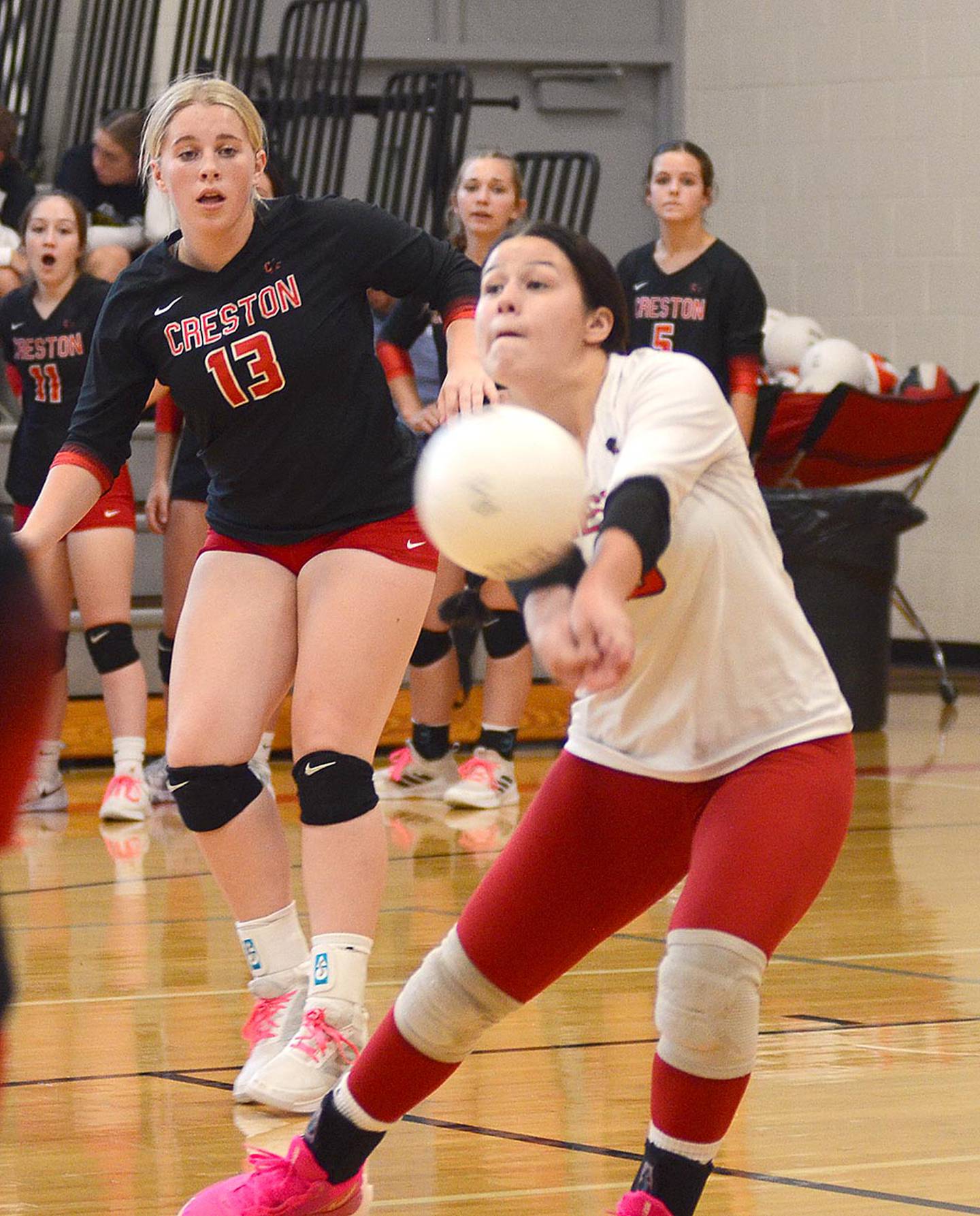 Creston libero Mila Kuhns receives a serve against Lewis Central. Kuhns had a team-high seven digs in that match and also led the Panthers with 14 digs in a 3-1 loss to Atlantic.