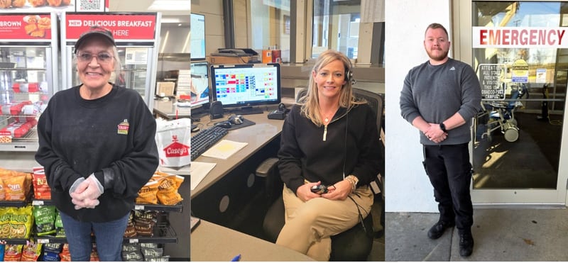 While most of the country will be home with their families on Christmas, some unsung heroes will be clocked in to keep Creston afloat. From left, Greater Regional Health paramedic Tyler Smith, Union County Head Dispatcher Tamara Fitzgerald and 22-year Casey’s employee Amy Angell.