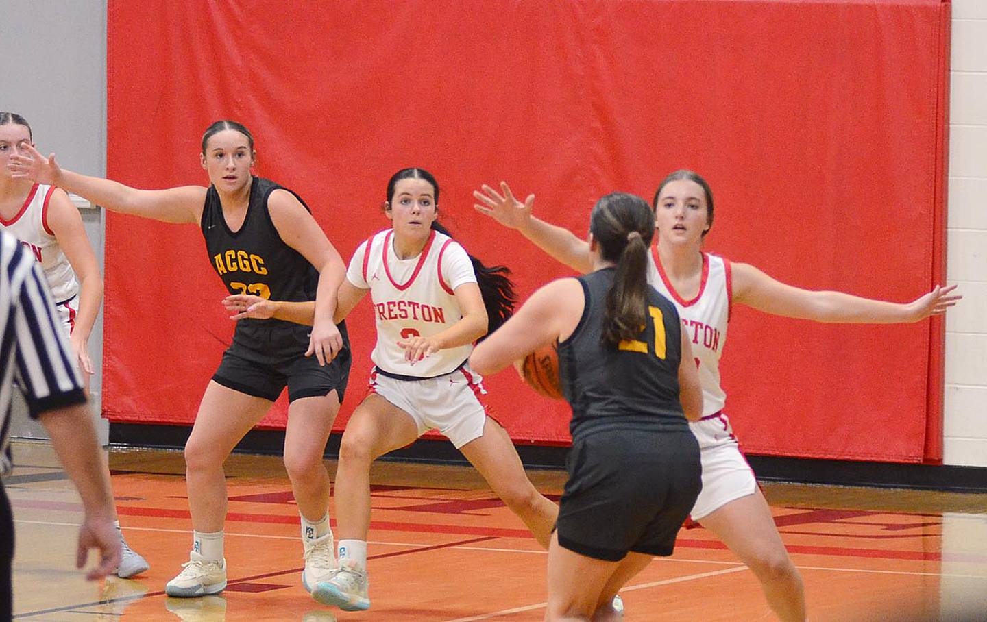 Creston's Ady Morrison (right) and Braylee Pokorny defend against ACGC during Tuesday's scrimmage. ACGC won, 58-34, on the strength of a 13-0 fourth quarter.