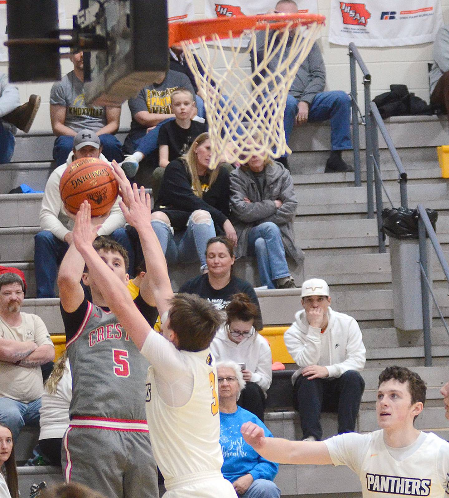 CT Stalker of Creston shoots from the baseline during Monday's substate opener. Stalker had four points, two rebounds and two assists in the loss.
