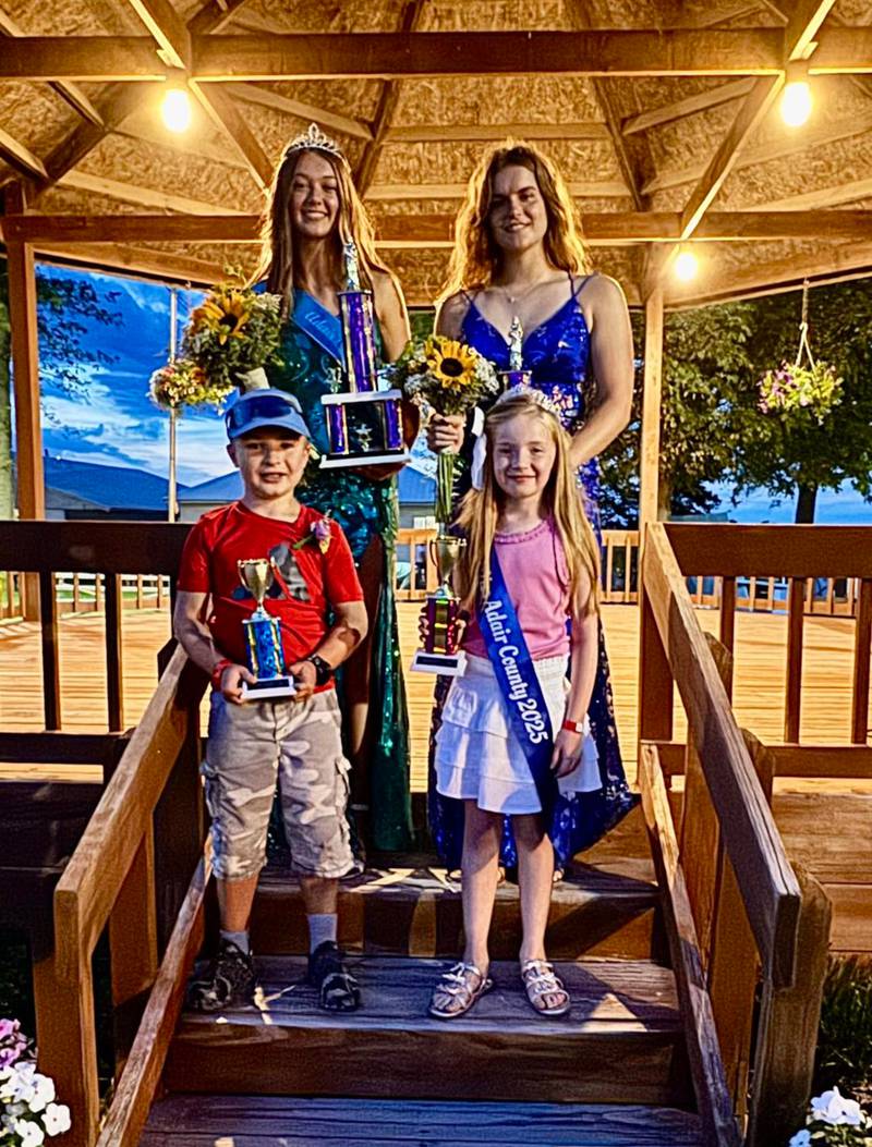 Chloe Rardin (top left) is the 2025 Adair County Fair Queen. Kacie Ford (top right) is runner-up while Nash Williams and Alyx Mensing are Little Mister and Little Miss.