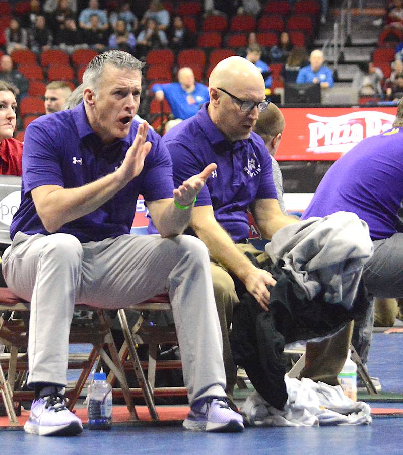 Nodaway Valley/O-M co-head wrestling coach Brad Honnold and assistant coach Brett Groves at the 2023 state tournament at Wells Fargo Arena.