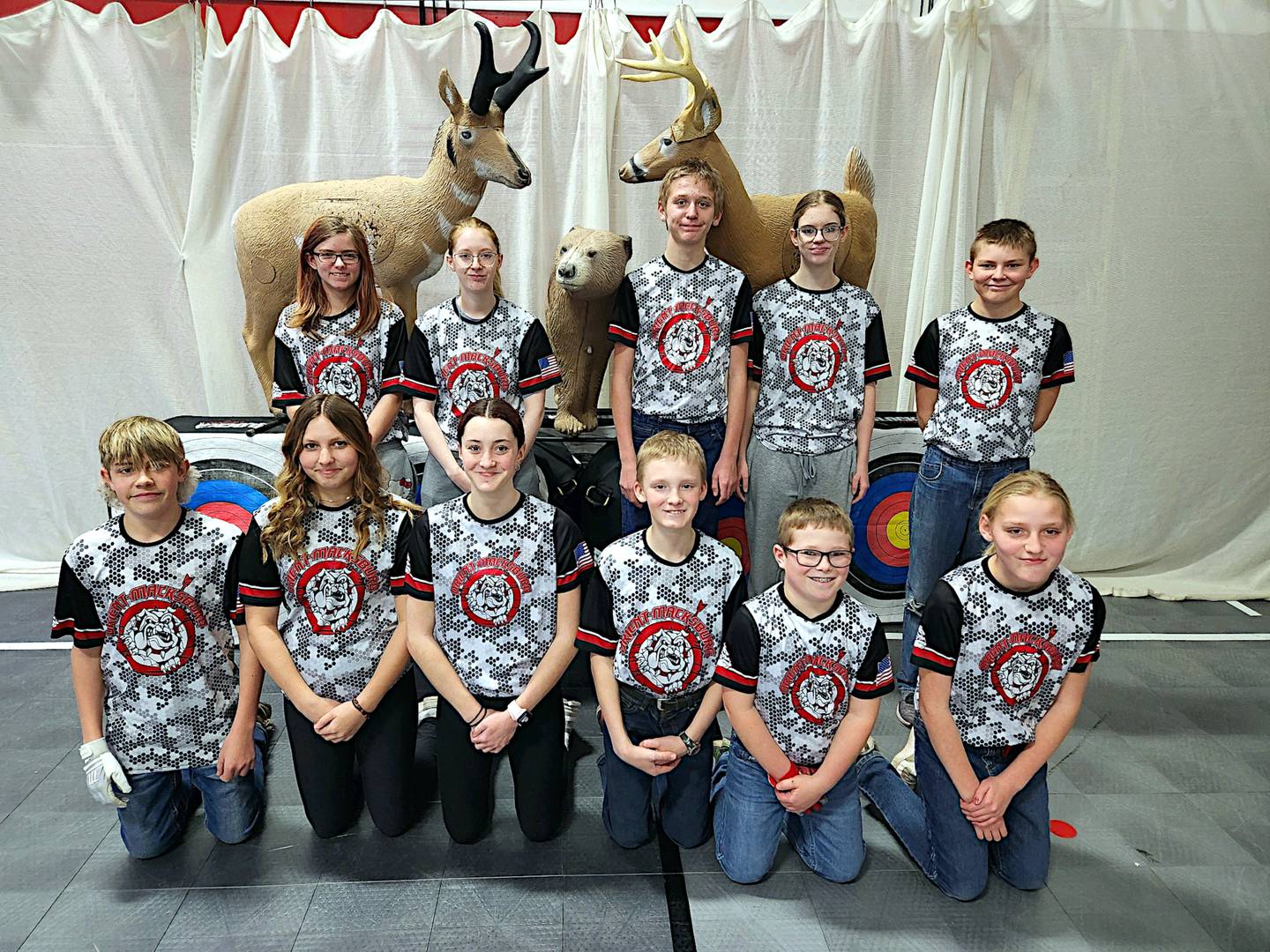 Nodaway Valley archers qualifying for state individually or as a team are in front from left, Kaleb Erickson, Lyrick Schwartz, Reiker Coffman, Nora Newbury, Mya Larson, Everett Ehler, Tyson Hauf, Bentley Miller, Ellie Zenor, Dominic Breheny; second row: Marcella Hubenka, Nikolai Hubenka, Bailey Breheny, Sara Rothe, Corbin Hubenka, Lincoln VanHorn, Oliver Freeland, Taryn Gutierrez, Myles Fisher, Lilly Hauf; back row: Shannon Newbury, Collin Akers, Abbigail Zenor, Avery Goetz, Cambria Richardson, Ashby Melton, Abygail Scovel, Fynn Thompson, Harper Wright, Keland Schwartz and Beau Antisdel. Not pictured is Rogue Paxton.