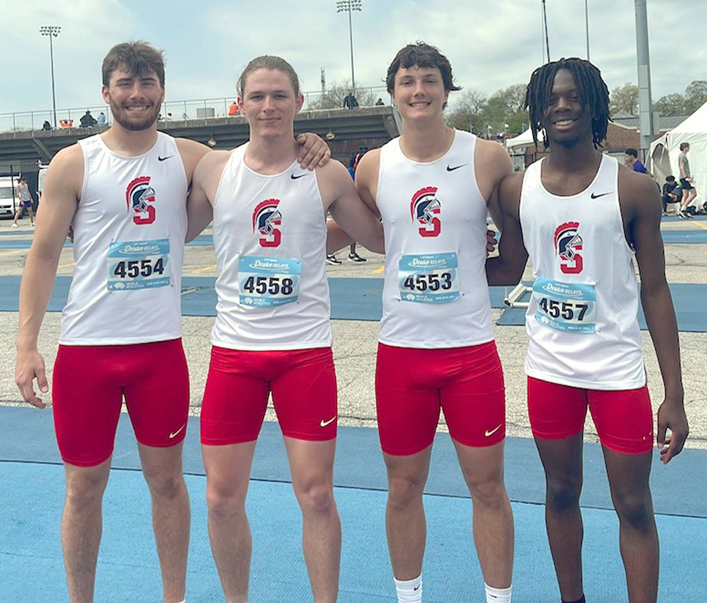 Southwestern's shuttle hurdle relay team that set a school record at the Drake Relays Saturday includes, from left, Sam Foreman, Ross Stephens, Peyton Embree and Rouce Sayee.