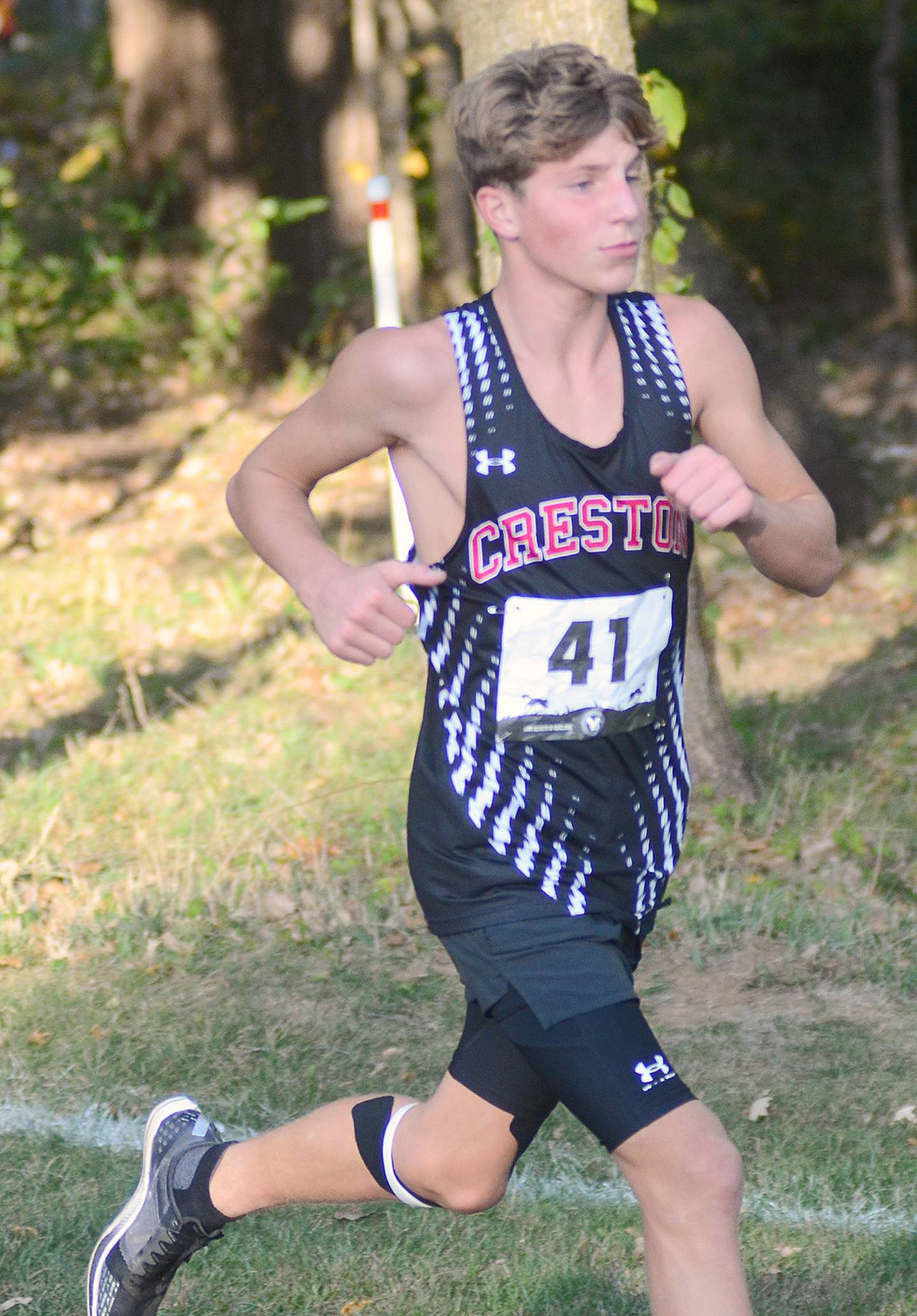Creston's Matthew Warner passes the 3K mark in Wednesday's 5K state qualifying race in Pella. Warner was second on the Panther team in finishing 39th in 18:17.62.