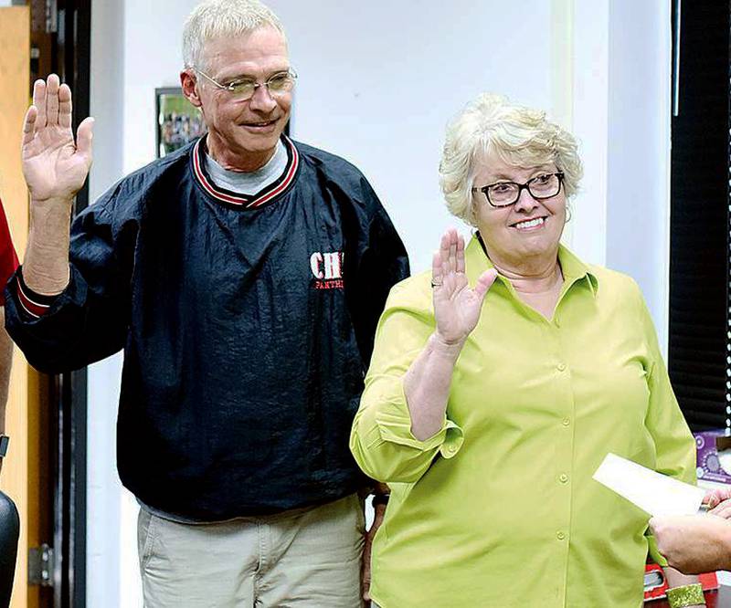 Galen Zumbach and Sharon Snodgrass are sworn in to the CCSD board in 2020. The two have served 100 years with their time combined as educators and board members.