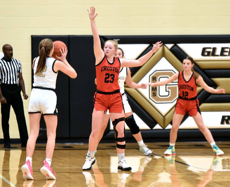 Brynn Tussey puts a hand up to block a shot by Maggie McChesney of Glenwood. Tussey had five points and seven rebounds in the 64-34 road loss Thursday.