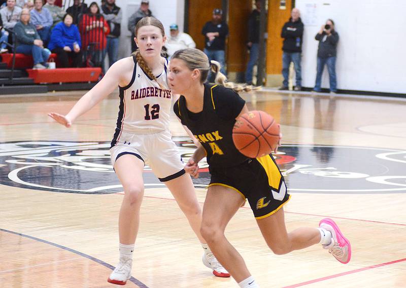 Mount Ayr defender Jaylee Schaffer (12) works to keep Lenox's Zoey Reed (4) along the sideline on the Tiger senior's drive to the basket. Reed led Lenox with nine points.
