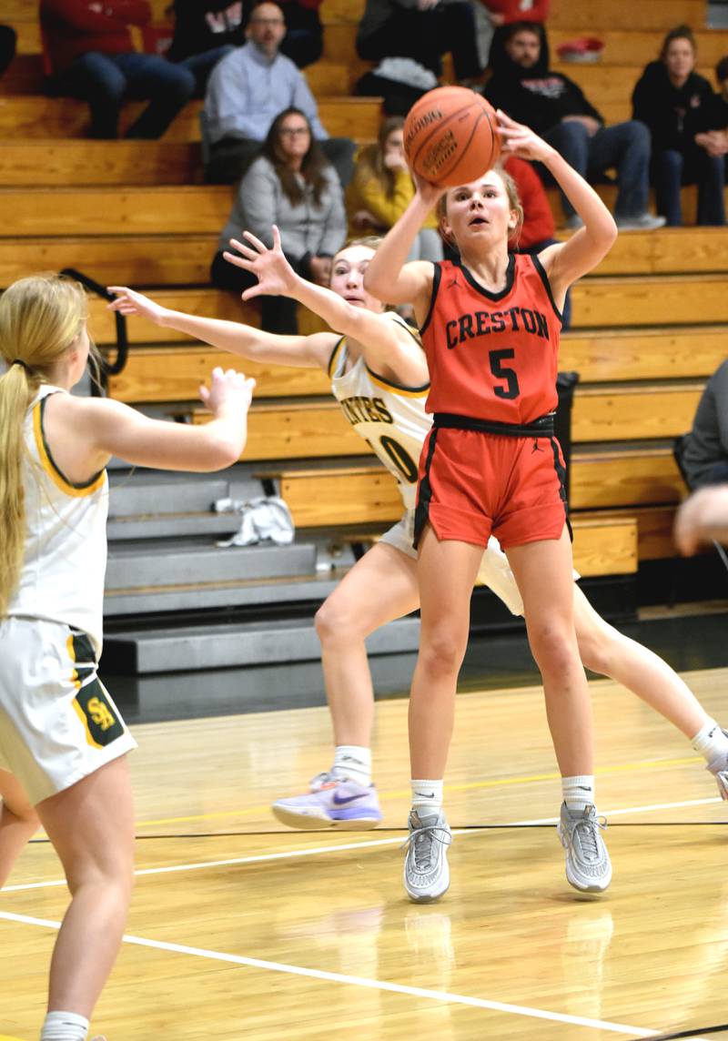 Ava Adamson puts up a shot Tuesday in an 81-21 road loss to St. Albert.