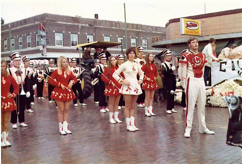 The 1970 Creston marching band performs during the homecoming parade on Adams Street in Creston.