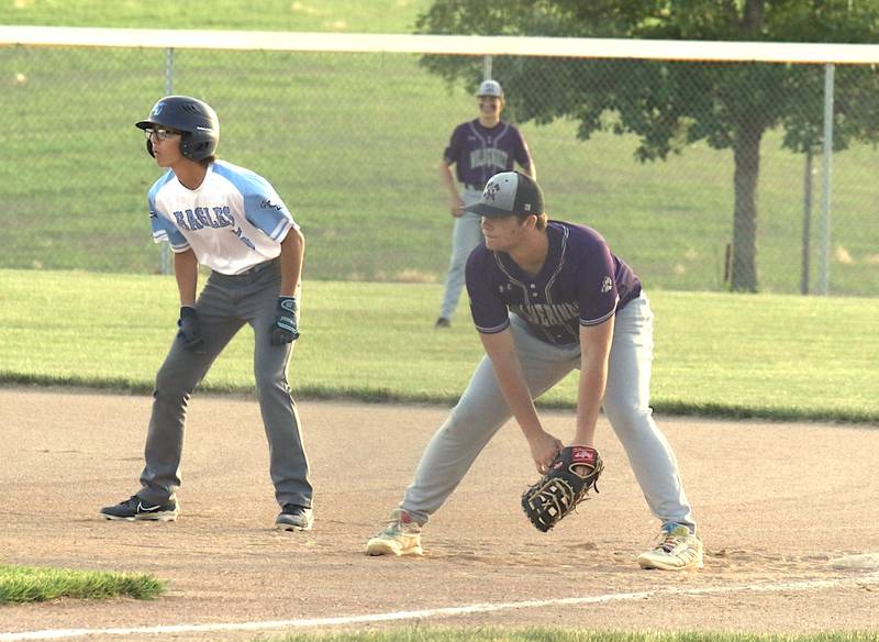 Nodaway Valley/OM's Christian Putney covers first base during a recent game against East Union.