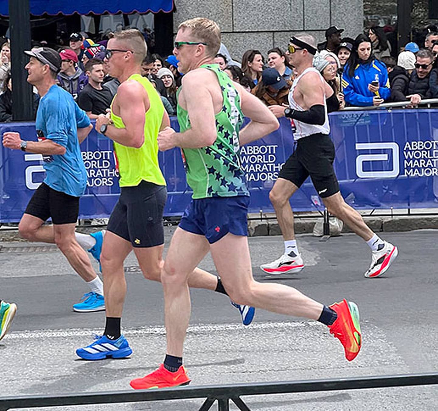 East Union graduate Brian Davenport (foreground) of Minneapolis runs in the Boston Marathon April 20. Davenport, 51, finished the 26.2-mile course in 2:53:36. He placed 94th among 1,873 men in the 50-54 age division.