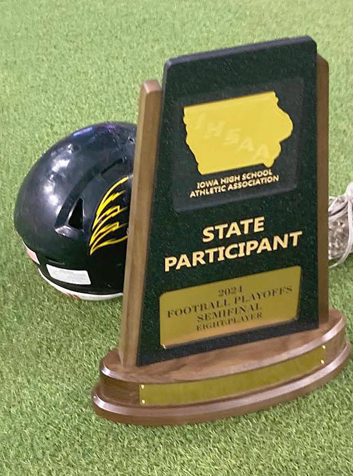 The semifinal trophy presented to the Lenox football team Wednesday in the UNI-Dome.
