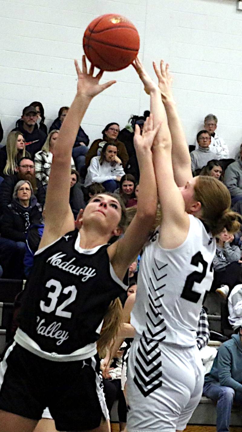 Nodaway Valley's Emma Boswell goes up for a rebound against Wayne recently. Boswell's 1,534 (and counting) career rebounds is first in history among Iowa girls 5-on-5 basketball players.