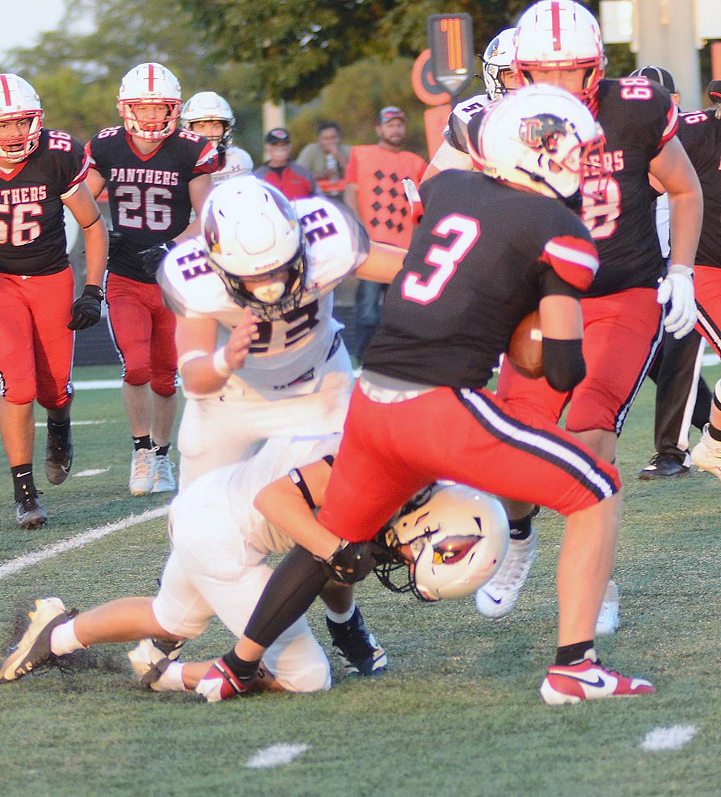 Creston tight end Rhett Driskell (3) drags a tackler after a pass reception against Clarinda. Driskell had a team-high six catches for 46 yards.