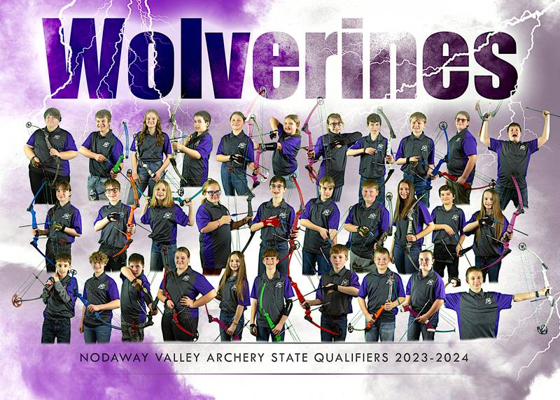 Nodaway Valley archers qualifying for state individually or as a team are in front from left, Kaleb Erickson, Lyrick Schwartz, Reiker Coffman, Nora Newbury, Mya Larson, Everett Ehler, Tyson Hauf, Bentley Miller, Ellie Zenor, Dominic Breheny; second row: Marcella Hubenka, Nikolai Hubenka, Bailey Breheny, Sara Rothe, Corbin Hubenka, Lincoln VanHorn, Oliver Freeland, Taryn Gutierrez, Myles Fisher, Lilly Hauf; back row: Shannon Newbury, Collin Akers, Abbigail Zenor, Avery Goetz, Cambria Richardson, Ashby Melton, Abygail Scovel, Fynn Thompson, Harper Wright, Keland Schwartz and Beau Antisdel.