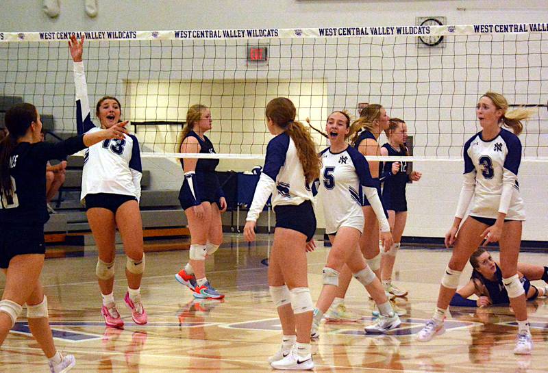 The Nodaway Valley/OM Wolverines celebrate a late match point in their regional tilt with West Central Valley Monday, Oct. 20 in Stuart.