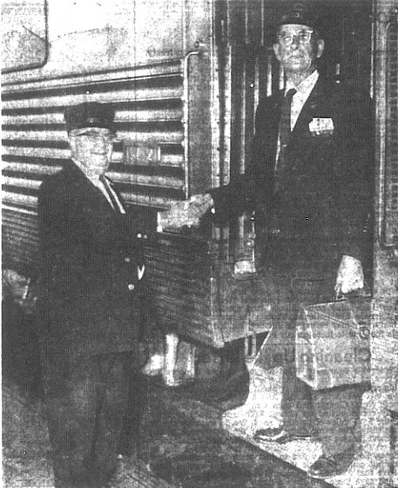 Glenn E. Proctor is shown stepping from the California Zephyr here Sunday, completing 47 years of service with the Burlington railroad.