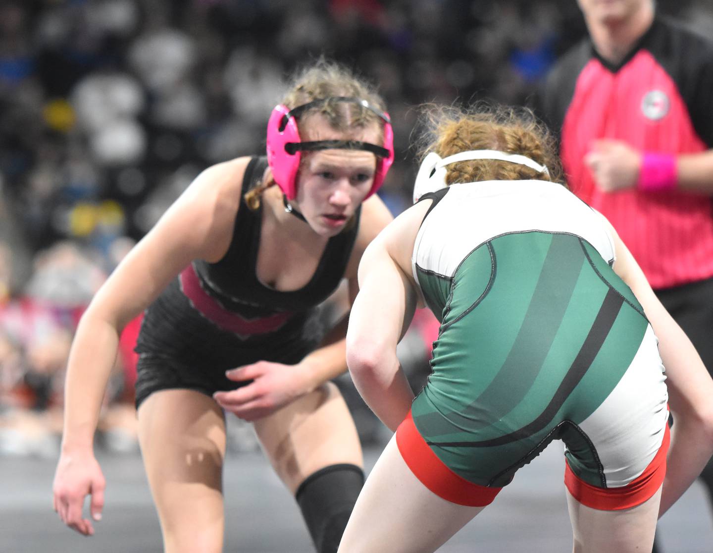 Jazz Chirstensen looks for her next shot in a state wrestling match last week at Xtreme Arena in Coralville.