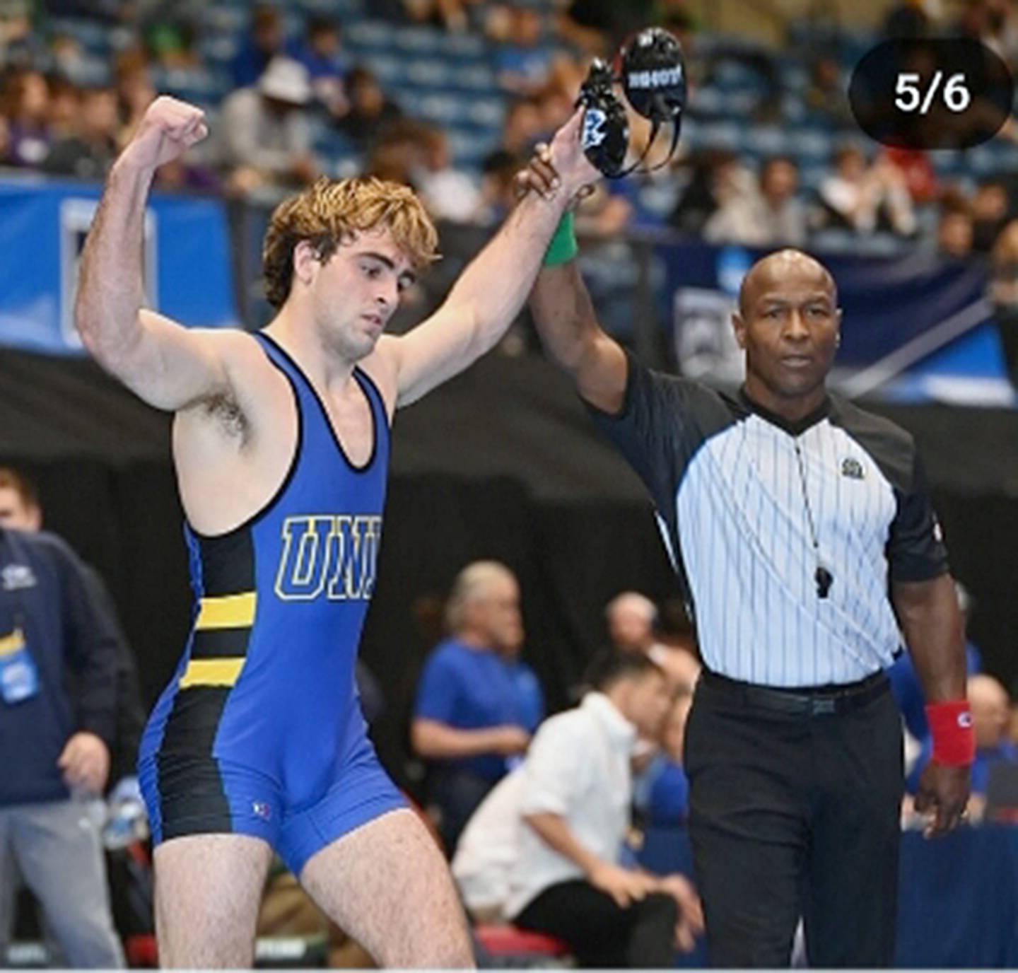 University of Nebraska-Kearney wrestler Jackson Kinsella of Creston raises his arms after the first of his four victories in the NCAA Division II national tournament last weekend in Wichita, Kansas.