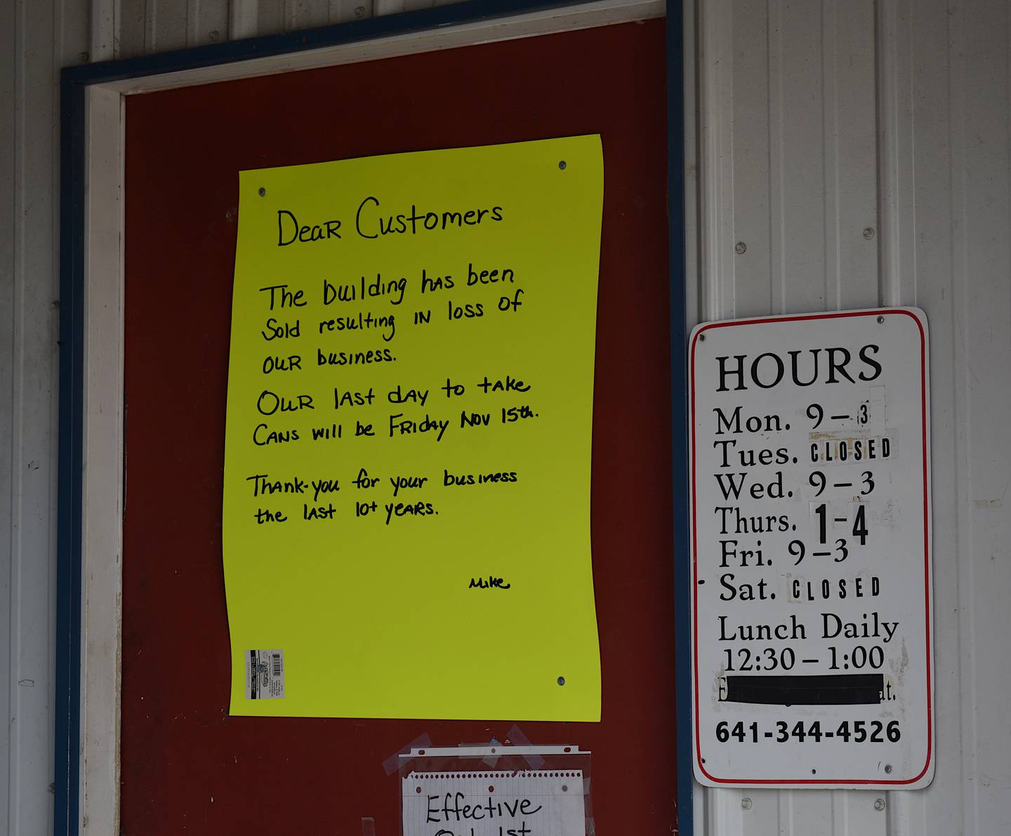 A sign is posted on the front door of The Can Place, detailing the business' closure.