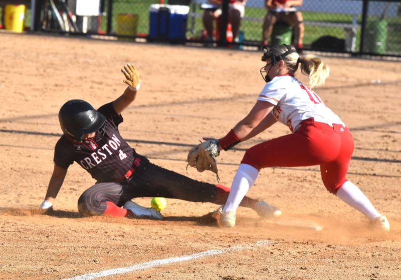 Jersey Foote slides safely into third base during game one of a doubleheader against Kuemper Catholic. The Panthers won 20-1, 7-2 in the Wednesday matchup.