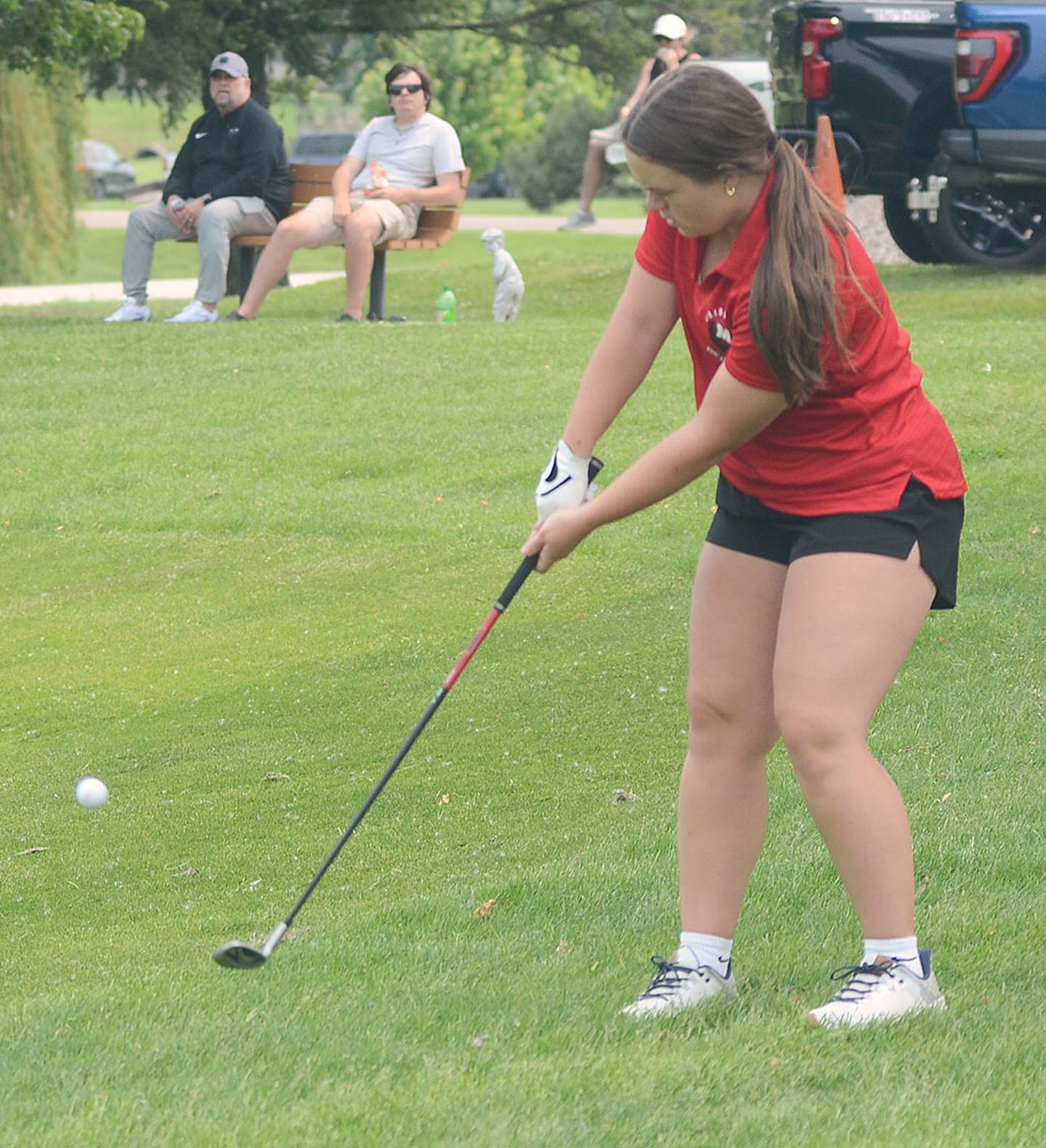 Olivia Huntington of Mount Ayr pitches onto the No. 9 green at the state tournament held in Marshalltown.