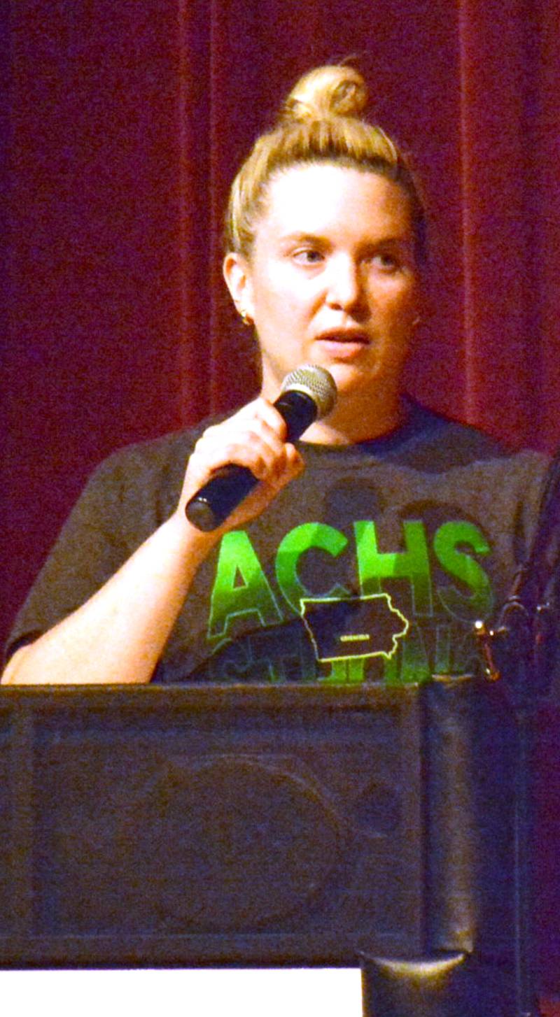 Adair County Health System CEO Catherine Hillestad talks about hospital updates at a community meeting held at Nodaway Valley High School Sunday, June 23.