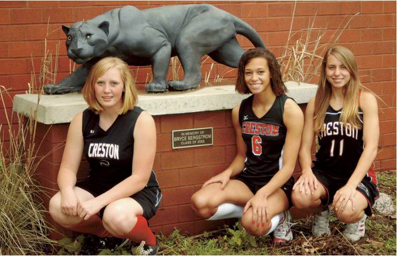 On May 7, Creston High School presented the Outstanding Female Athlete of the Year award to three females. It was the first time the award was given to a trio since the award began in 1972. A trio on the boys side was awarded once. That was in 2005-06 to Trevor Conner, G.G. Harris and Dane Wardenburg. From front left, are 2009 Outstanding Athletes Aubrey Pendegraft, Nicole Hunter and Morgan Evans.