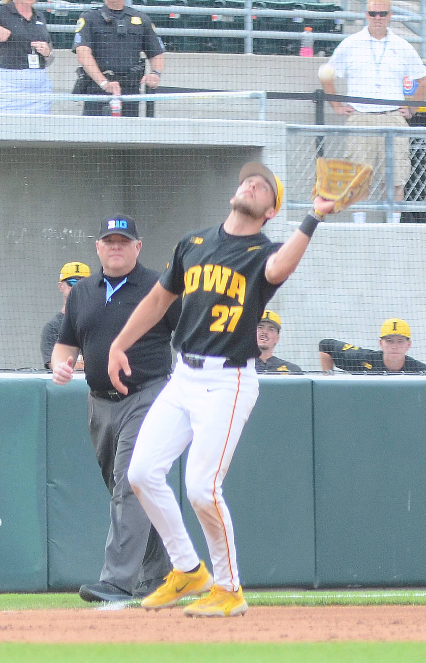 Iowa third baseman Jaixen Frost catches a popup during Friday's win over Purdue. Iowa's defense is ranked in the top five of NCAA Division I baseball.