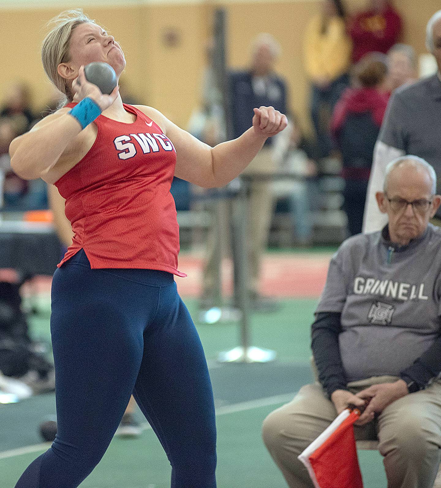 Abbi Richter of Southwestern is shown throwing the shot put during the indoor season. Richter, from Atlantic, moved to second all-time at SWCC in the indoor weight throw at 12.43 meters. She ranks eighth all-time in the shot put at 9.64 (31 feet, 7.5 inches).