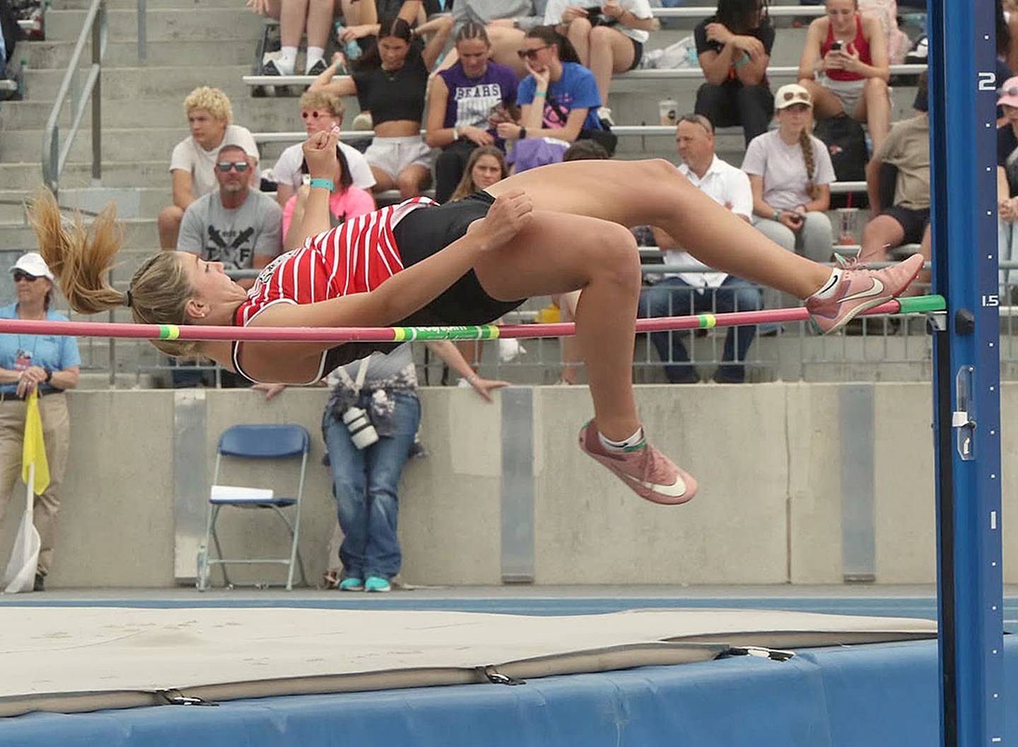 Orient-Macksburg's Emma Boswell clears 4-10 at the state meet Friday. She tied for 17th place in the event after placing 18th in the long jump Thursday at 15-04.5.