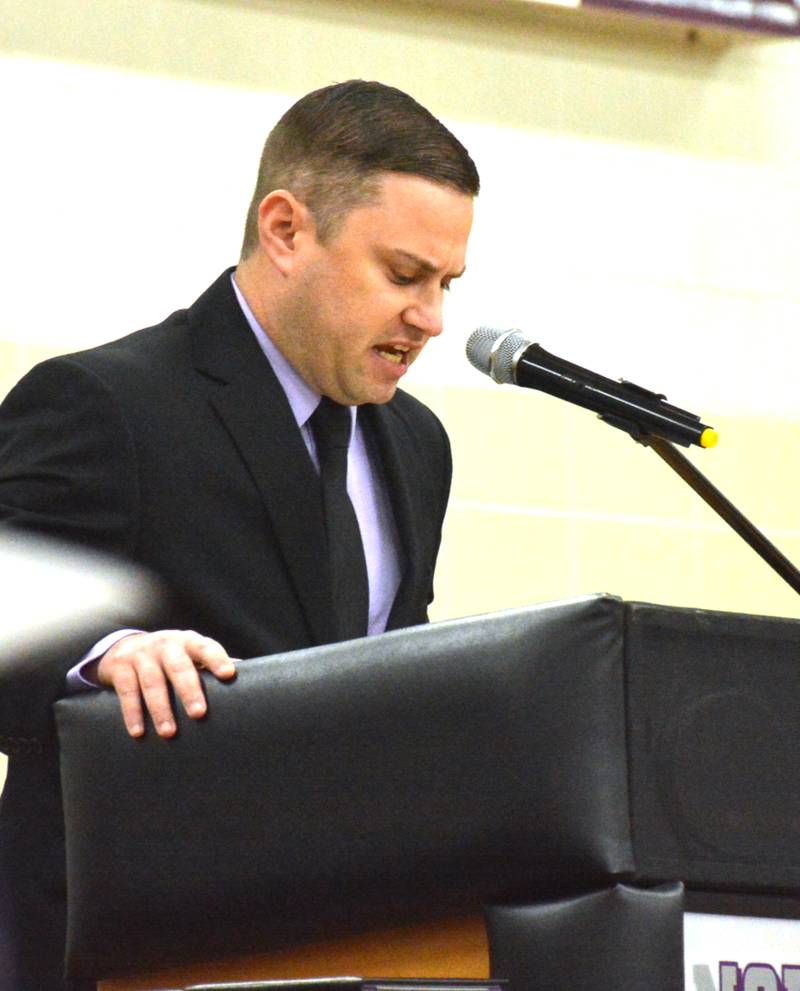 Nodaway Valley High School Principal Gerry Miller speaks at a past graduation ceremony.
