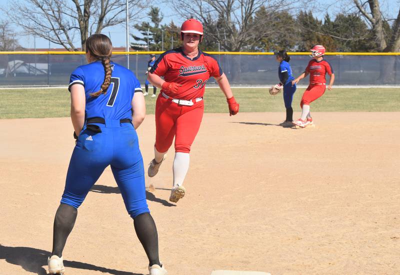 SWCC sophomore Bethany Button heads for third Friday in game one against Iowa Western. Button won the second game for the Spartans with a three-run walk-off home run. Between the two games, Button had six runs and four RBIs.