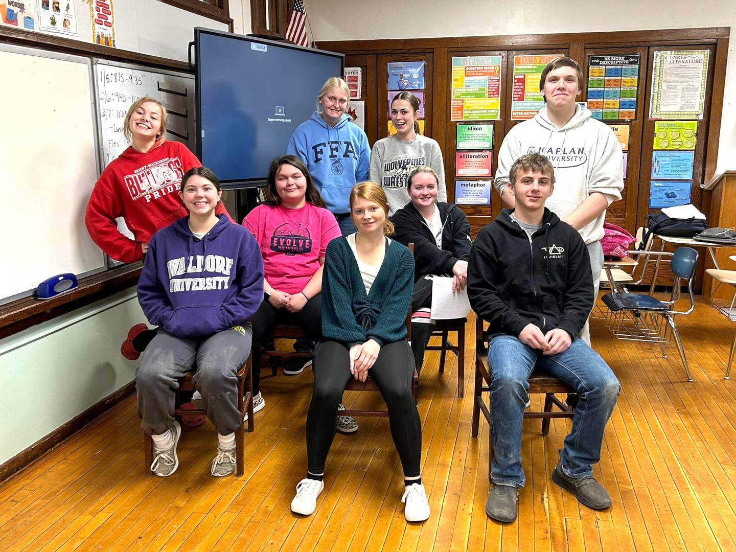 Orient-Macksburg readers theater members are from left in front, Kinsey Eslinger, Bridget Bracy and Andreas Pierce; second row: Carter Osborne, Natalie Mullen, Rogue Paxton and Patrick Fletchall; back row: Emily Campbell and Kolbie Carson. They are coached by Kendra Breitsprecher.
