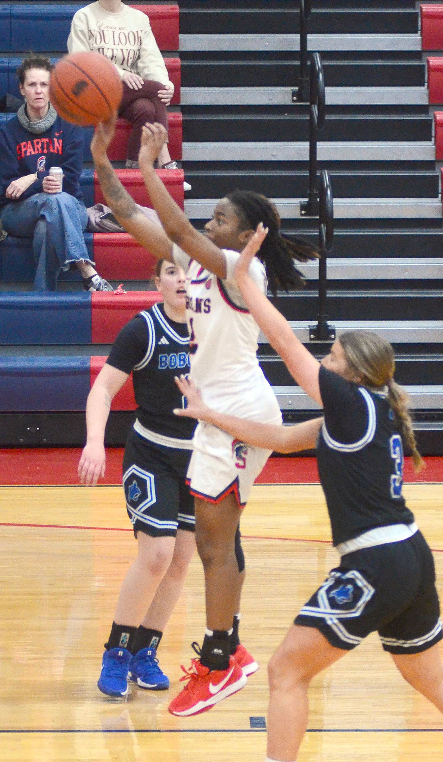 Southwestern point guard Jordyn Hall pulls up for a shot in the lane against Peru State JV. Hall had 19 points and five assists in the 63-42 win.
