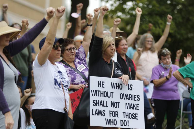 Attendees pack the historic Woodstock Square for a rally for abortion rights on Saturday, Oct. 2, 2021, in Woodstock.