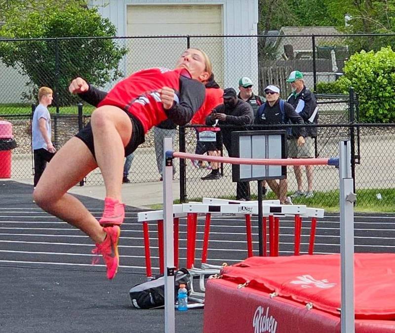 Orient-Macksburg sophomore Emma Boswell leaps over the high jump bar in the state qualifying meet Thursday, May 9 at Earlham.
