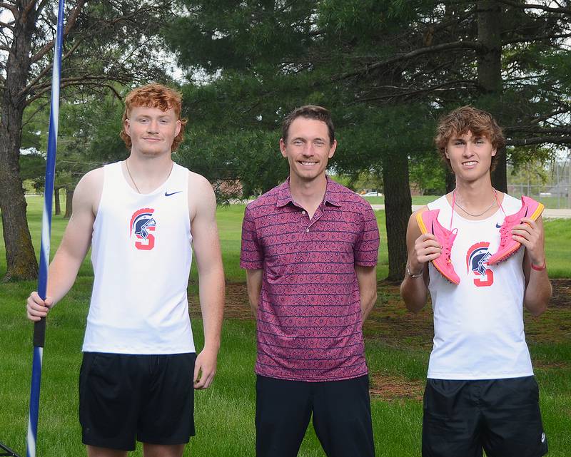 Southwestern track and field coach Scott Vicker (center) is taking Jedd Weinkoetz (left) and Chase Oates (right) to the National Junior College Athletic Association track and field championships in Monroe, Louisiana. Weinkoetz will compete in the javelin throw Saturday morning and Oates runs in the 3,000-meter steeplechase Friday afternoon.