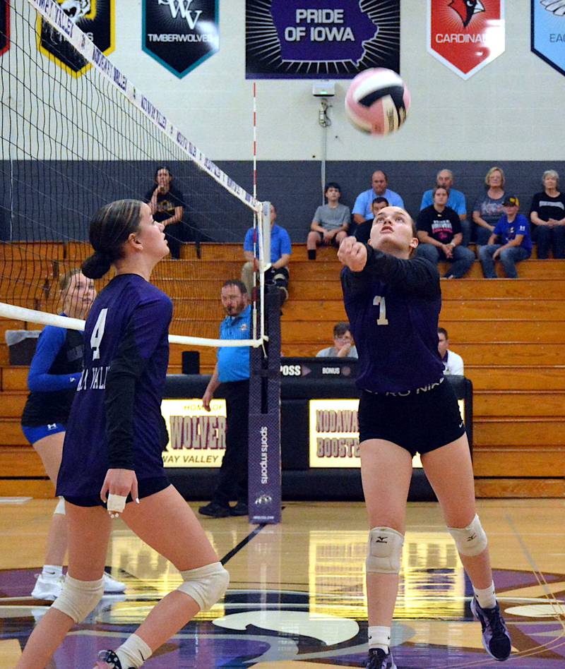 Nodaway Valley's Adelaide Livingston sets the ball for a teammate in the Wolverines' recent home triangular against Martensdale-St. Marys and East Union.