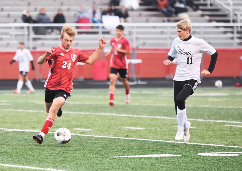 Creston sophomore Davin Wallace changes the direction of the ball Tuesday against Atlantic. Wallace scored a goal in the 7-0 shut out.