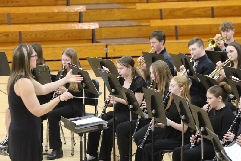 Nodaway Valley band members carefully follow the baton of director Abbey Lochmoeller during the recent Parade of Bands Concert.