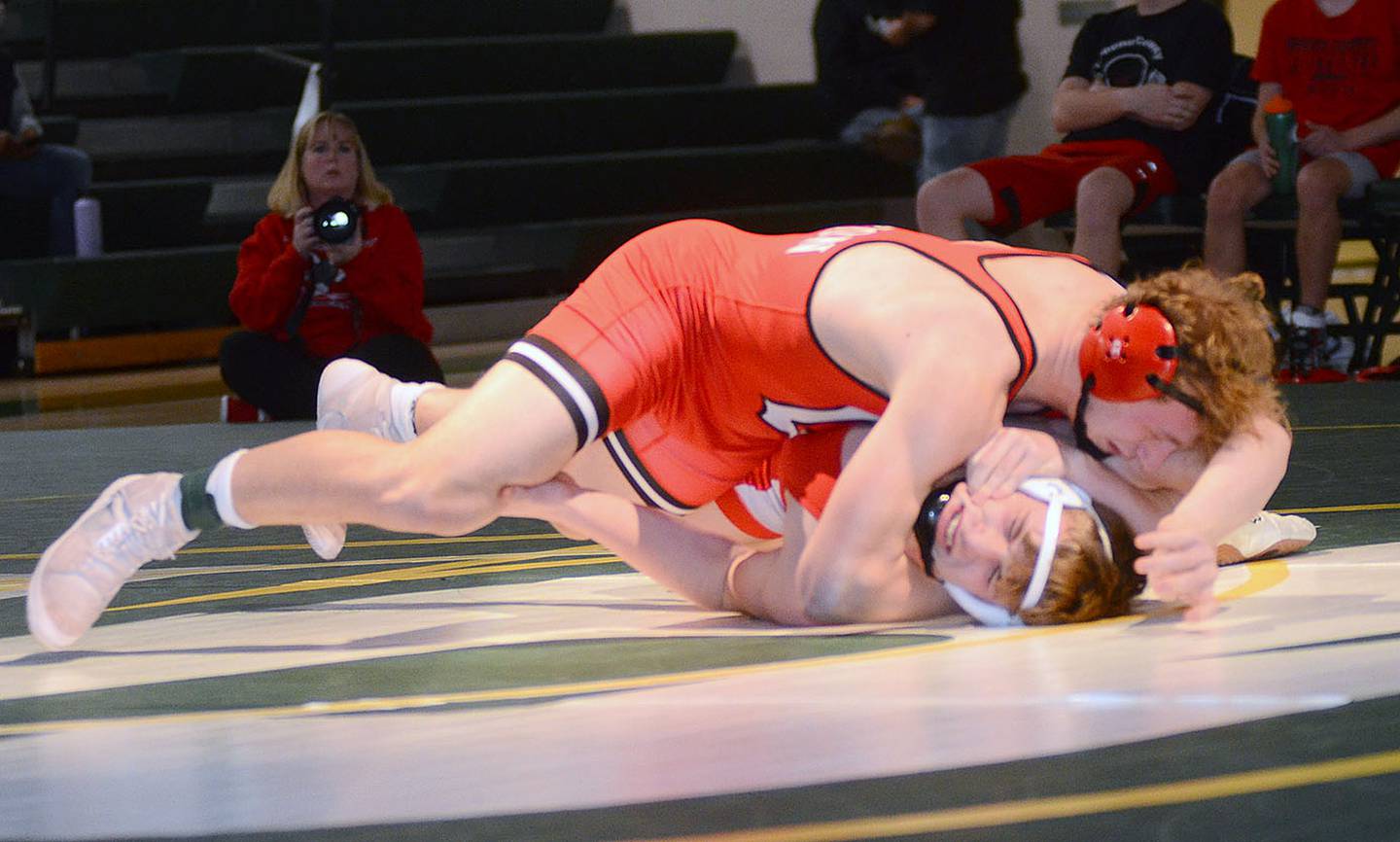 Jayden Myers of Creston pins Greene County's Nehemiah Hoyt in 1:18 at Saydel Thursday.