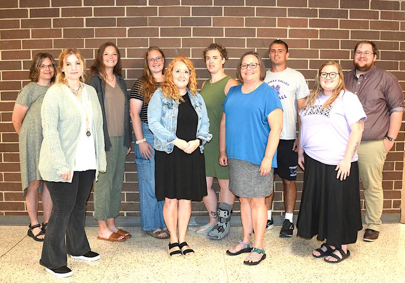 New teaching staff at Nodaway Valley for the 2025-26 include in front from left, Michelle Pellman (second grade), Megan Shinn (first grade), Heather Loreth (elementary school counselor) and Kaylee Stone (fifth grade ELA and science, fifth/sixth grade art); back row: Renee Sammons (kindergarten), Corinne Bond (fifth grade math), Madelyn Bonus (transitional kindergarten); Jamie Hanscom (middle school special education), Caylor Clark (middle and high school physical education/strength and speed coach) and Brock Hage (freshman English).f