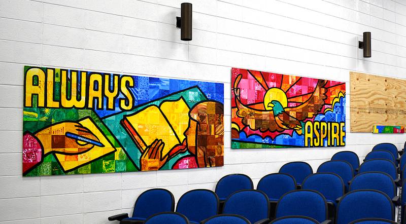 Two of the three murals created for East Union, painted by students and staff and designed by Greg Preslicka.