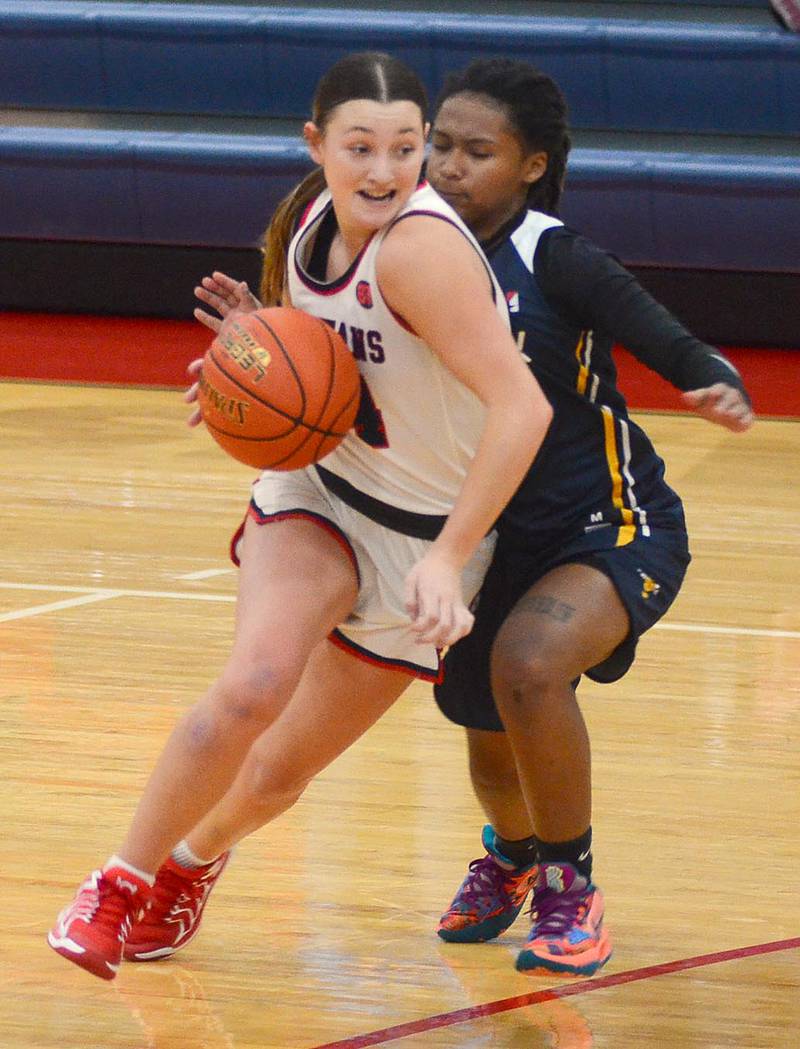 Brooklyn Hadl of Southwestern drives around a Graceland JV opponent during her 29-point effort in Southwestern's 75-46 win. Hadl was 12-of-13 at the free throw line and had one 3-pointer.