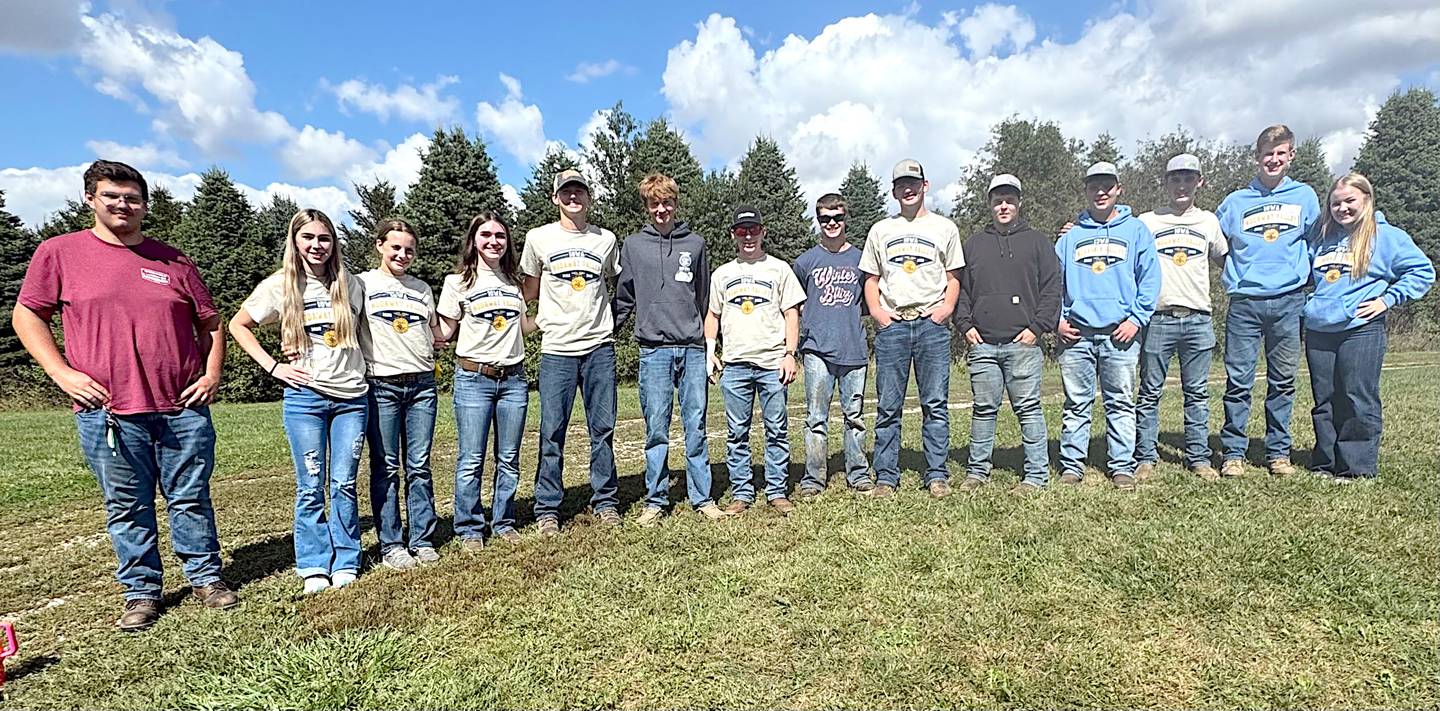 NV FFA members attending the soil judging district contest Sept. 23 at the Armstrong Research Farm near Lewis include from left, Briley Bates, Haisley Zoubek, Ava Herrick, Melanie Kilborn, Paul Kading, Evan Meisenheimer, Titus Hamer, Collin Akers, Haydon Sickles, Ayden Goetz, Blake Edwards, Mark Kilborn, Luke Kading and Adalynn Erlandson.